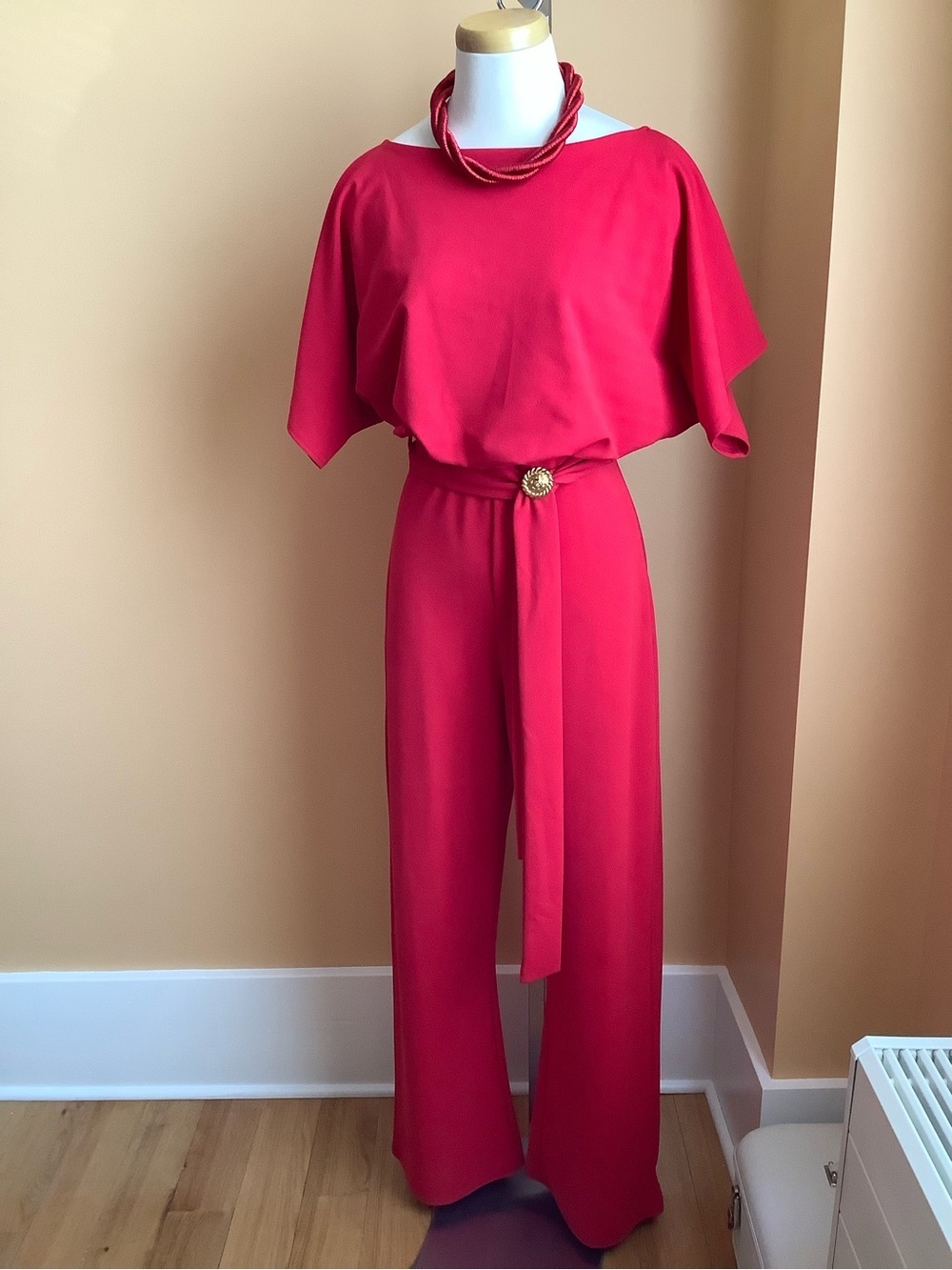 KENDI BOUTIQUE Red Flutter Sleeve Wide Leg Belted Jumpsuit Dolman Romper XL - Picture 3 of 13